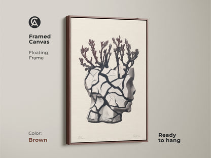 Brown framed canvas featuring a surreal head sculpture artwork. This conceptual figurative artwork includes a branch motif. The piece is perfect for eclectic beige and black wall art. Ready to hang floating framed canvas adds contemporary conceptual artwork to a living room. This is a unique gift.