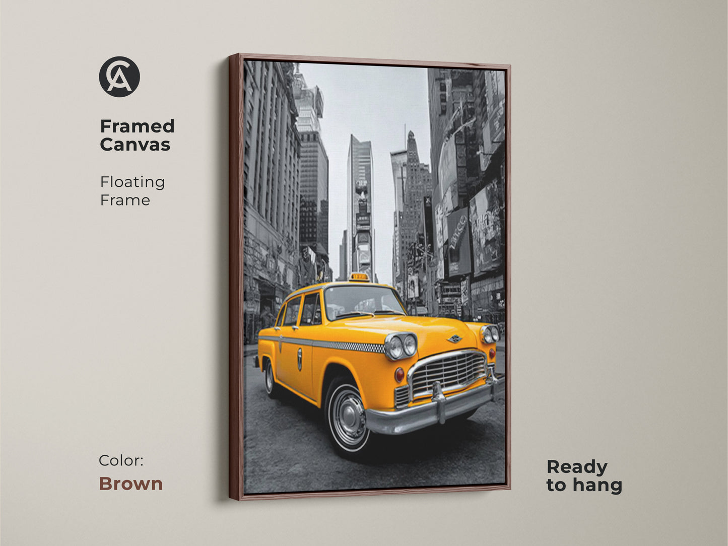 This framed canvas showcases a yellow taxi art print. The floating frame in brown enhances the artwork's appeal. Ready to hang this canvas adds sophistication to your space. The iconic New York taxi stands out against the cityscape. A great addition to any art collection.