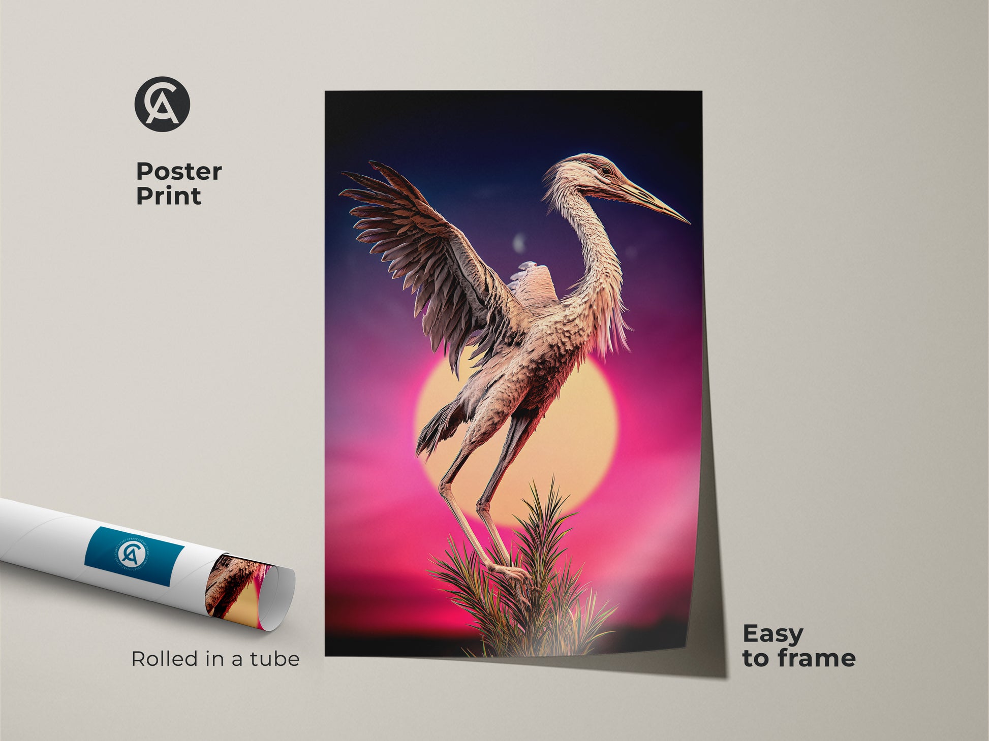 A poster print showcases retro surrealism in this heron bird artwork. Rolled in a tube this eclectic wildlife art is easy to frame. The dark blue purple pink sunset creates a unique bird watcher gift. Enhance your walls with this nature inspired artwork. Great for any home decor style.