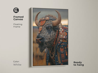 The framed canvas features bison artwork. It has a floating frame in white. This canvas art is ready to hang. It's perfect as man cave animal decor. The artwork has a punk rock style. The dark blue gray wildlife art makes a unique statement.