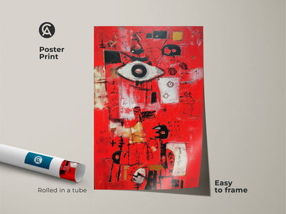 Eye-Catching abstract artwork poster print. This modern painting ships rolled in a tube. The red artwork features an eye symbol with abstract shapes. The poster print is easy to frame. Add this unique piece to your art collection.