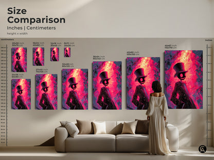 A size comparison guide for inches and centimeters. This art print features a figure in a top hat. Choose from various sizes to fit your space. Perfect for adding style to any room. Shop now and find your perfect size.