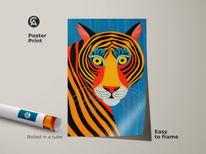 This poster print showcases an abstract tiger rolled in a tube. Easy to frame this artwork features a tribal animal print. The blue yellow and orange tones make it a colorful and unique addition to any room.
