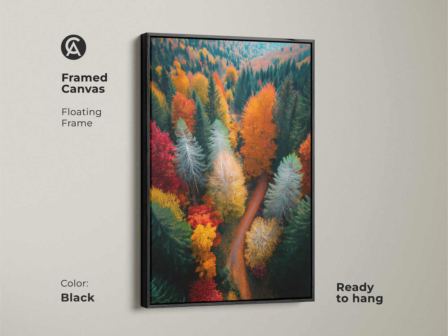 Black framed canvas print of a colorful forest. This ready-to-hang artwork captures an aerial view of autumn trees. A perfect piece of landscape art to enhance your wall decor. Floating frame adds sophistication.