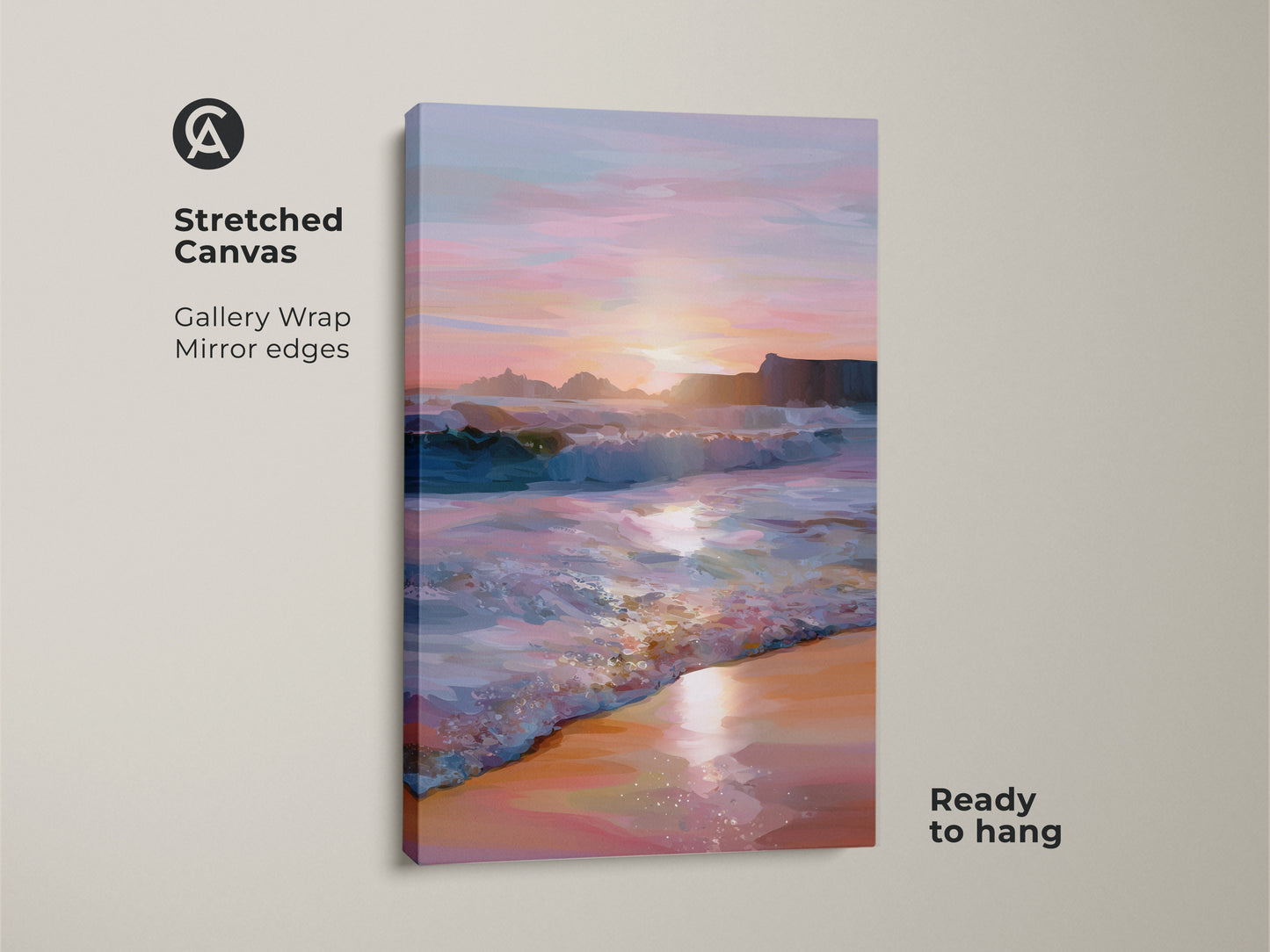 Stretched canvas ocean sunset artwork features a gallery wrap with mirrored edges. The coastal landscape print is ready to hang. This teal pink orange painting brings the beauty of beach waves into your living room or bedroom.