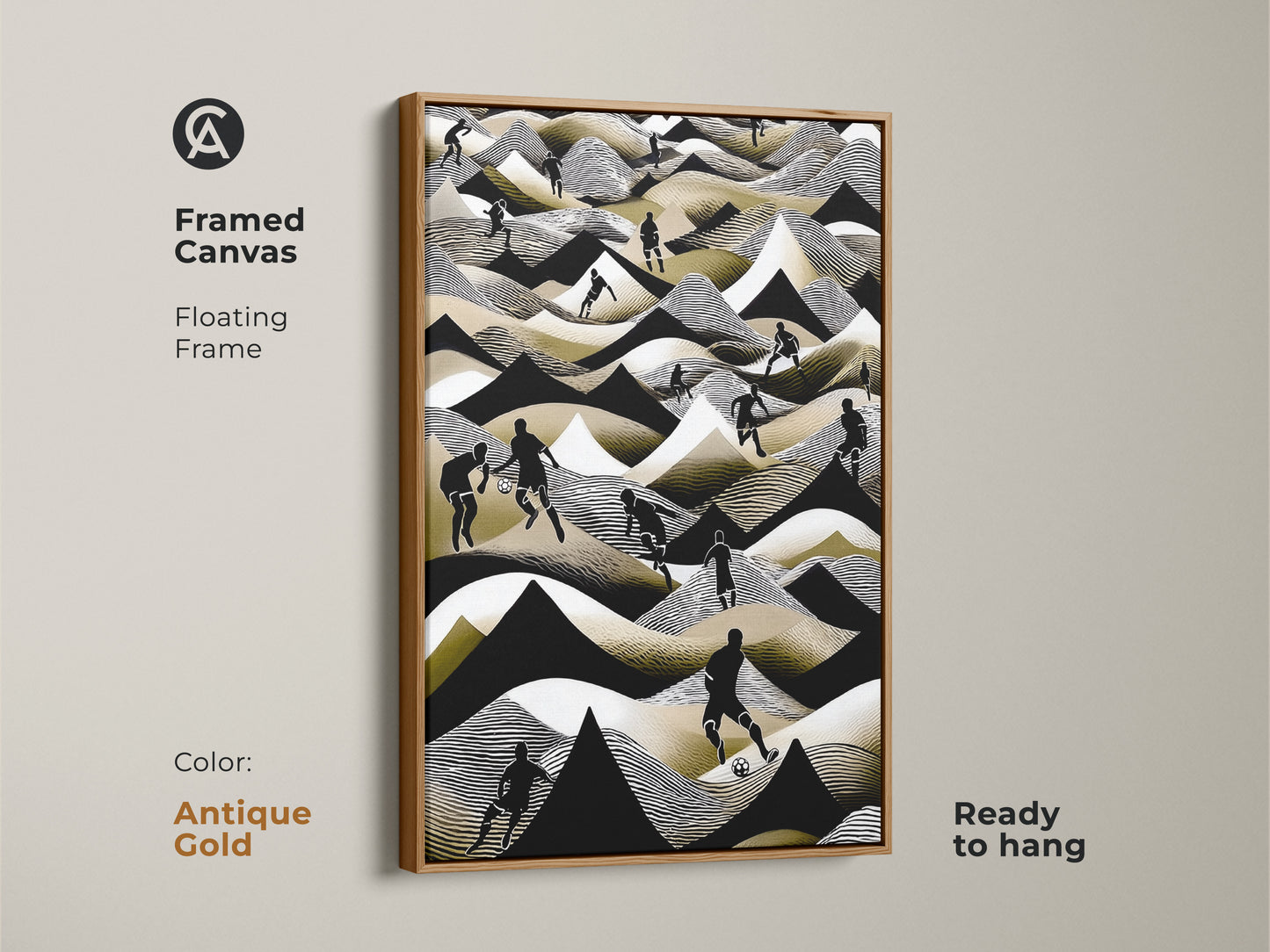 A framed canvas shows abstract football players artwork. The black white and gold soccer scene is striking. This wall decor is ready to hang. It would be perfect for any sports-themed space. The antique gold frame provides a unique look.