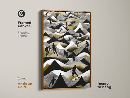 A framed canvas shows abstract football players artwork. The black white and gold soccer scene is striking. This wall decor is ready to hang. It would be perfect for any sports-themed space. The antique gold frame provides a unique look.