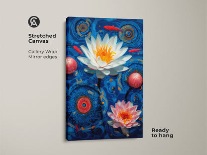 Stretched Canvas Modern Folk art print showcasing vibrant water lilies and koi fish. Gallery wrapped with mirrored edges this surreal deep blue piece is ready to hang. Ideal for eclectic bedroom decor or as a unique housewarming gift it brings a touch of natural beauty.