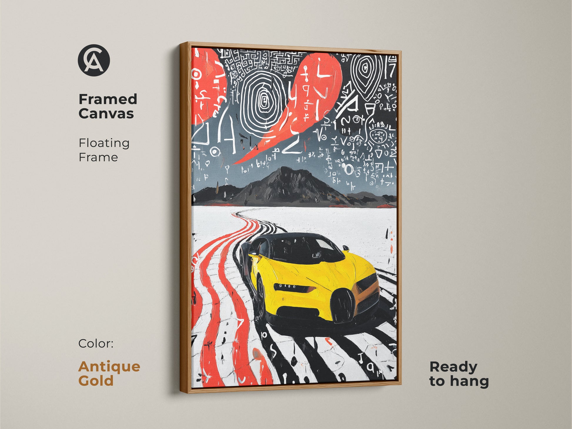 This framed canvas features bold yellow sports car art. The antique gold floating frame enhances this contemporary office wall decor. This unique artwork is the perfect gift for car enthusiasts. The abstract road trip print adds energy to any space it occupies.