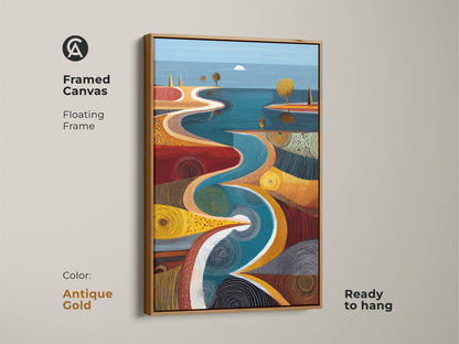 A framed canvas showcasing an antique gold floating frame. Inside is an abstract river path artwork featuring teal blue and orange colors. Add a sophisticated nature-inspired touch to your living room with this piece.