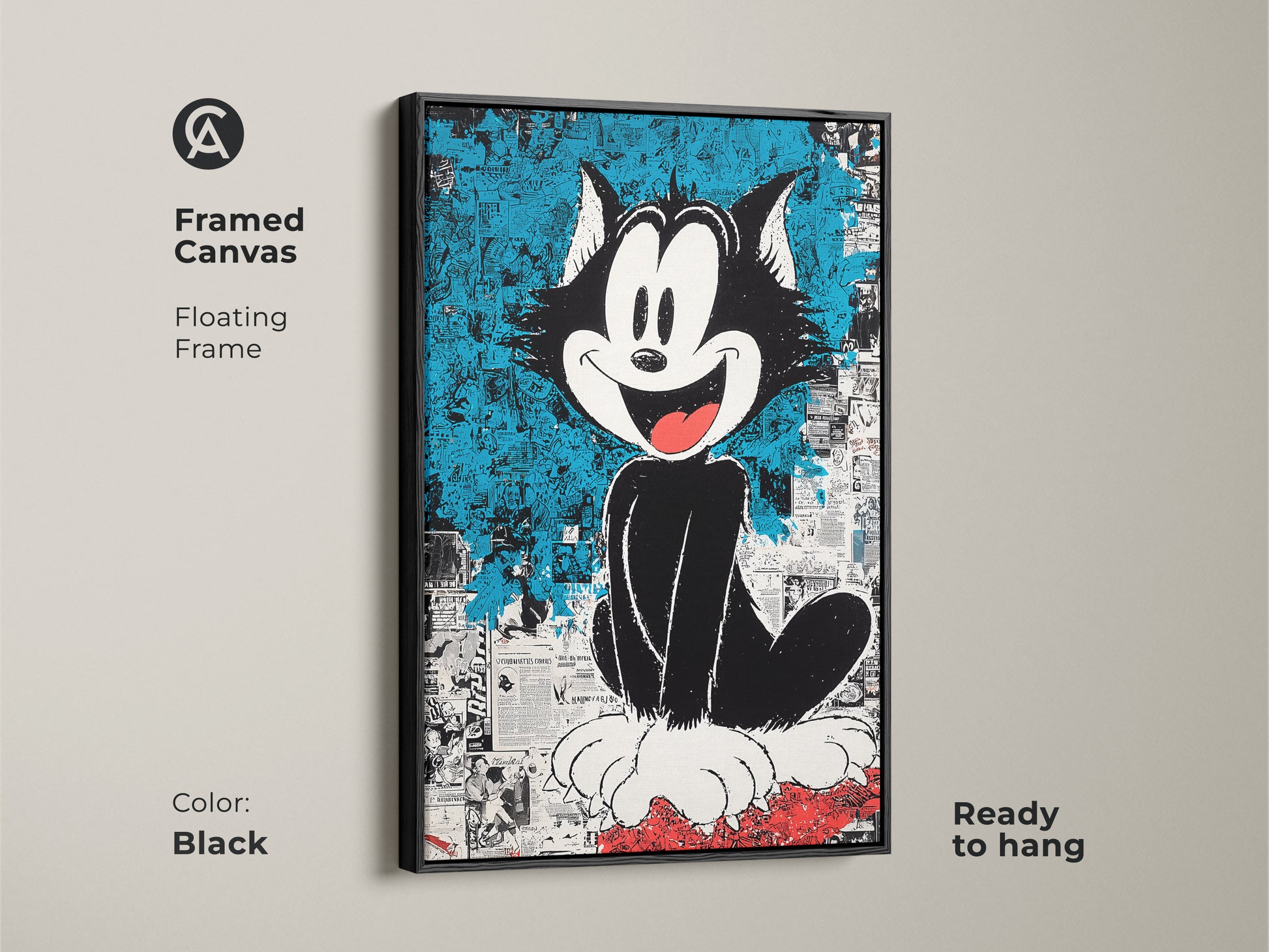 Framed canvas art featuring Felix the Cat. The floating frame enhances the cartoon cat artwork. This is ready to hang. The black frame adds a modern touch. Ideal for cartoon art collectors.