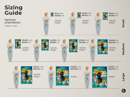 Sizing guide for vertical Basquiat-style graffiti art. Available in small medium and large sizes. Options for canvas and poster prints are also available. Find the perfect fit for your space.