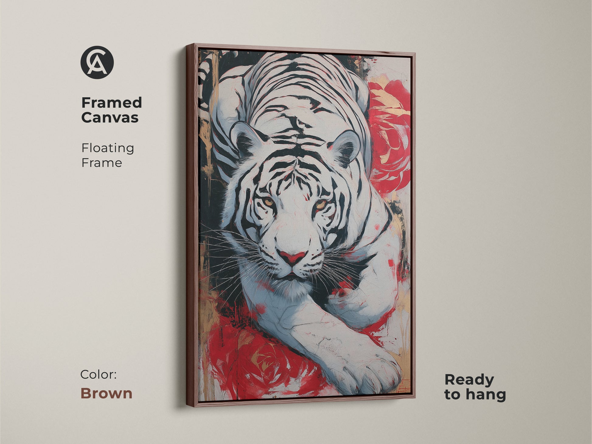 Framed canvas showcasing a white tiger with abstract red roses. The floating frame is brown. This expressive animal portrait is ready to hang. Add a bold touch to your living space.