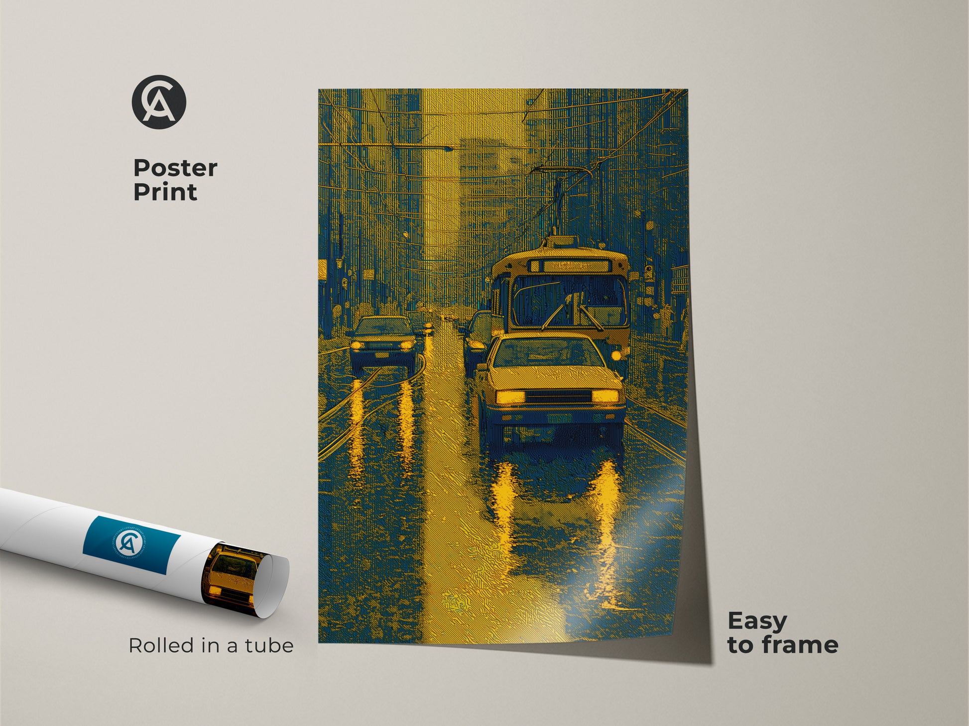 This museum-quality poster print shows a rainy city street scene. The artwork features cars and a bus in blue and gold tones. It's easy to frame and adds a touch of urban sophistication to your home decor.