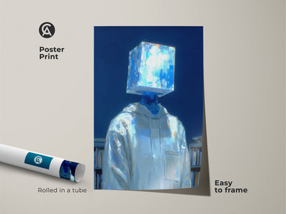 Poster print of a figure with a bright blue cube as a head. The artwork is easy to frame. The figure wears a white hoodie and is positioned in front of a bookshelf. This museum-quality paper print arrives rolled in a tube for protection.