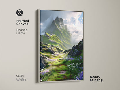Framed canvas with a floating white frame featuring a green and blue mountain landscape art print. Impressionistic wildflower scenery nature artwork ready to hang for home decor.