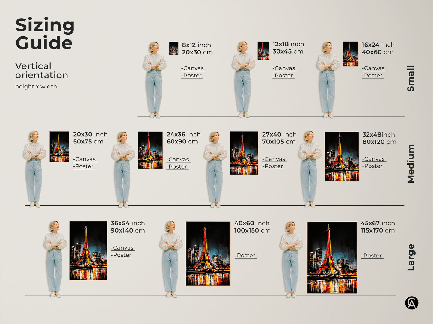 Find the perfect size with our vertical sizing guide. Visualize the Eiffel Tower canvas or poster art in different dimensions. See how it fits in your space from small to large sizes.