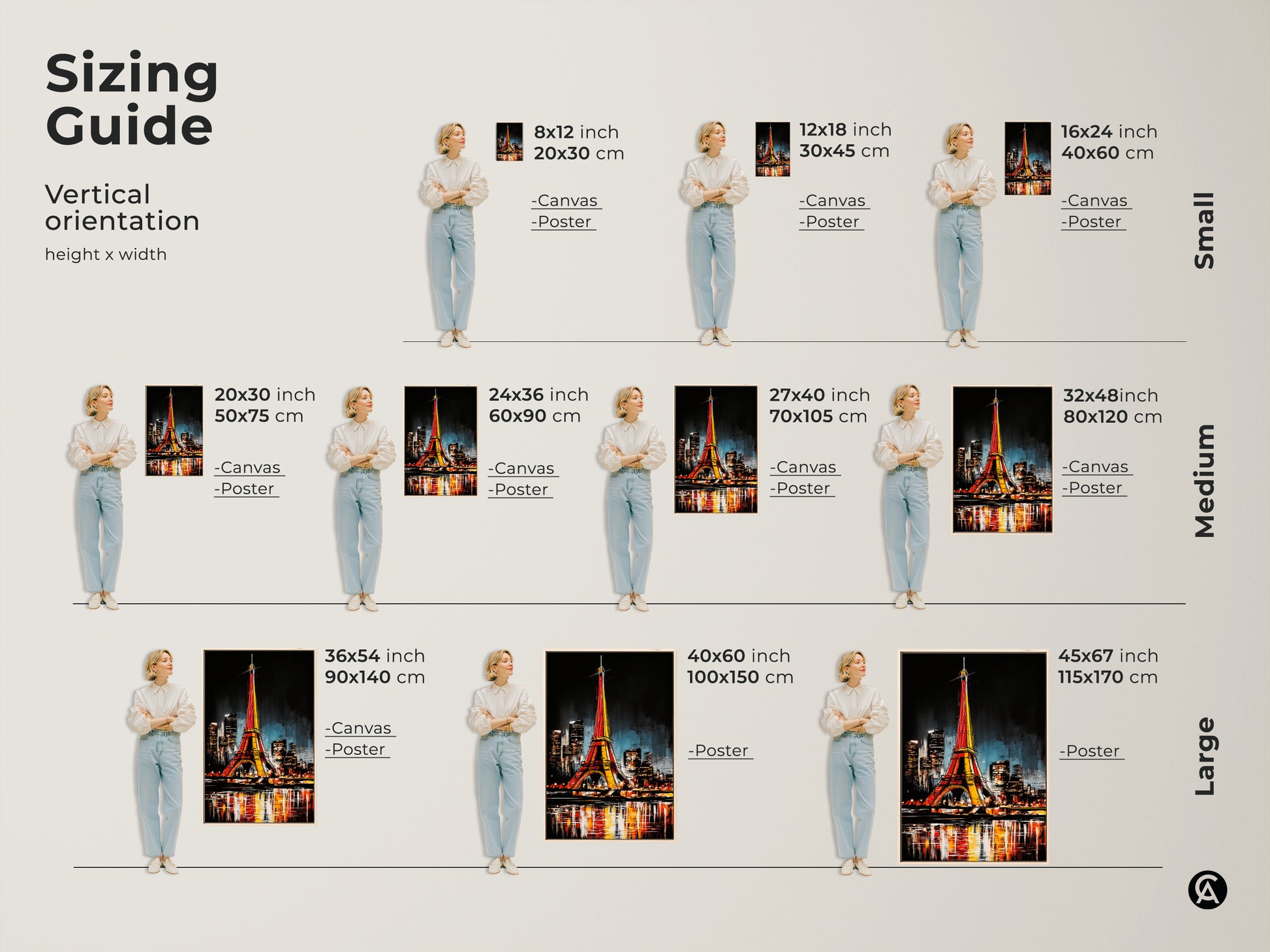 Find the perfect size with our vertical sizing guide. Visualize the Eiffel Tower canvas or poster art in different dimensions. See how it fits in your space from small to large sizes.