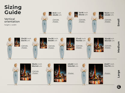 Find the perfect size with our vertical sizing guide. Visualize the Eiffel Tower canvas or poster art in different dimensions. See how it fits in your space from small to large sizes.
