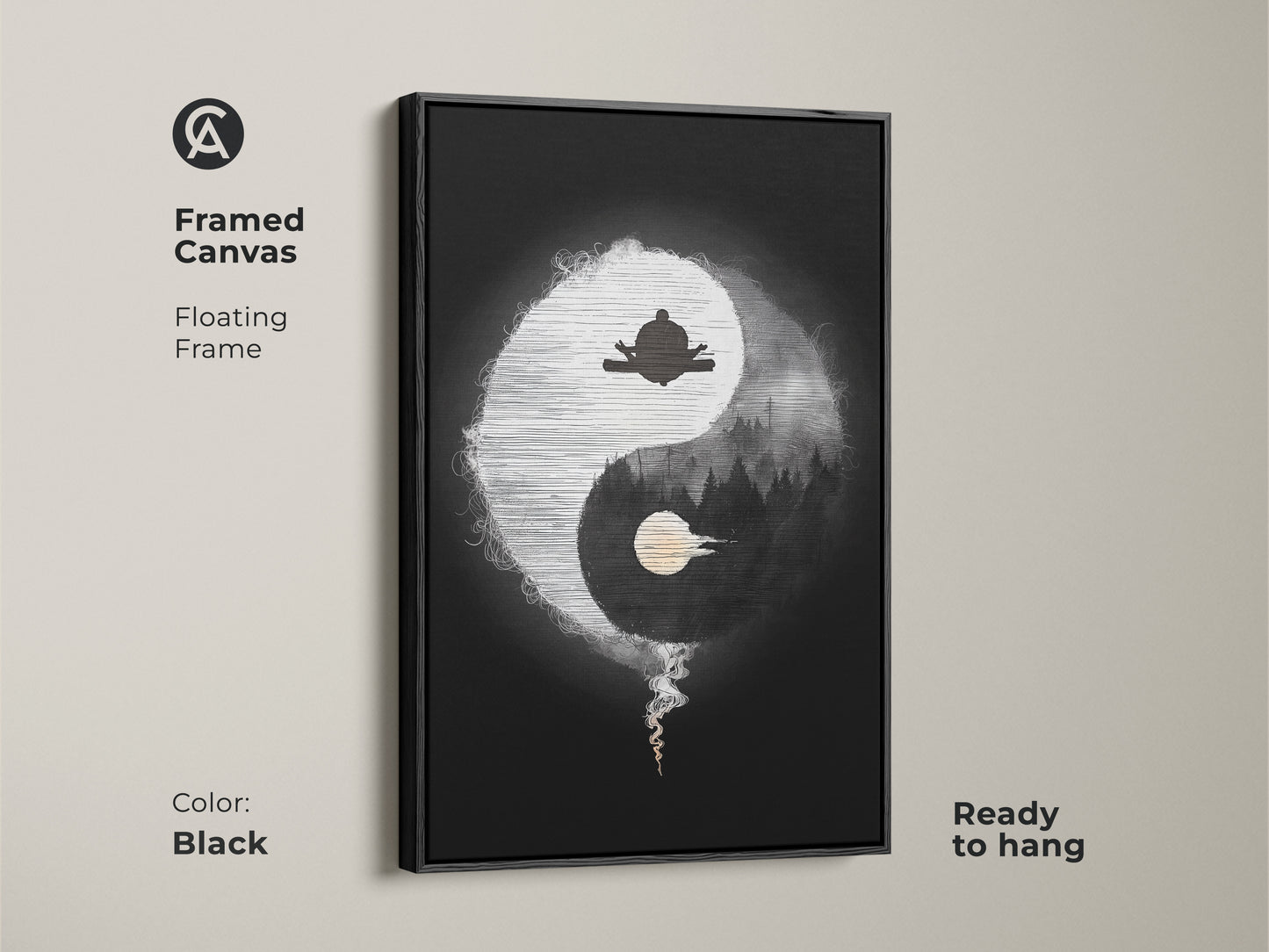 Framed Canvas of Abstract Yin Yang Zen art in black. The minimalist spiritual artwork features a meditating figure. Black and white yoga decor is ready to hang. Floating frame enhances this mindful living art for any space.