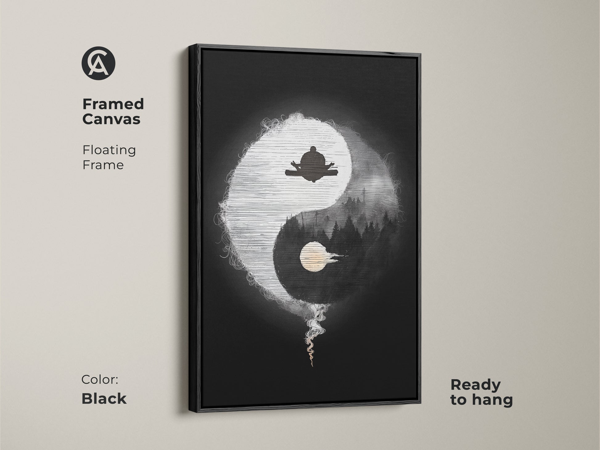 Framed Canvas of Abstract Yin Yang Zen art in black. The minimalist spiritual artwork features a meditating figure. Black and white yoga decor is ready to hang. Floating frame enhances this mindful living art for any space.
