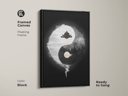 Framed Canvas of Abstract Yin Yang Zen art in black. The minimalist spiritual artwork features a meditating figure. Black and white yoga decor is ready to hang. Floating frame enhances this mindful living art for any space.