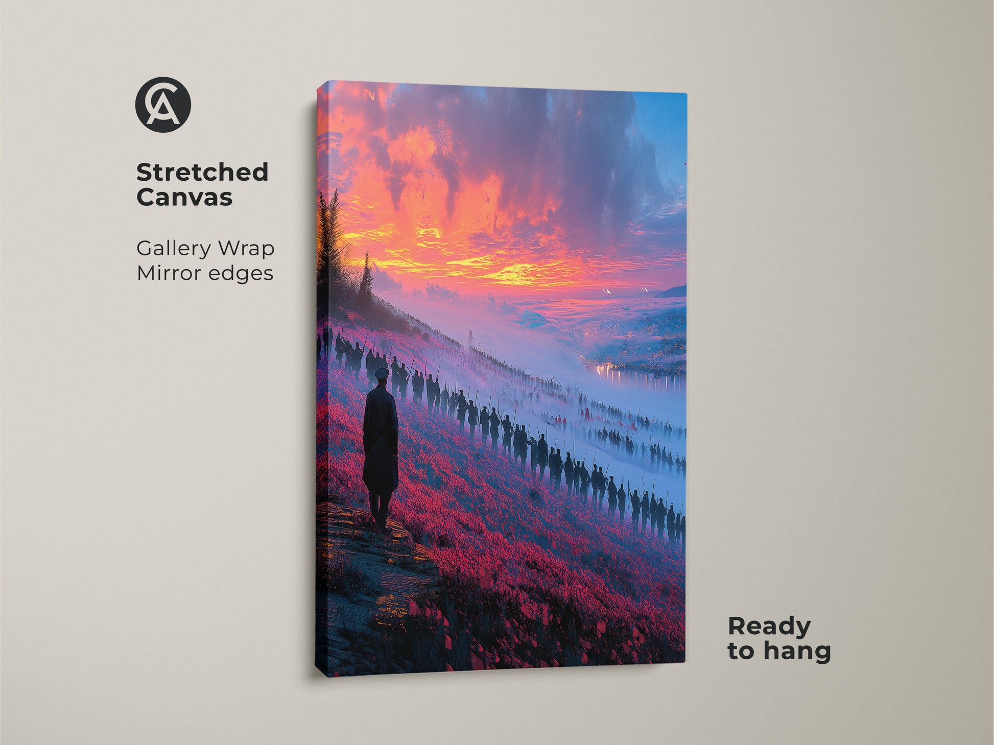 Stretched canvas of an epic fantasy landscape art piece. This surreal procession wall art has a sunset sky canvas print. This orange and blue tones art is ready to hang.
