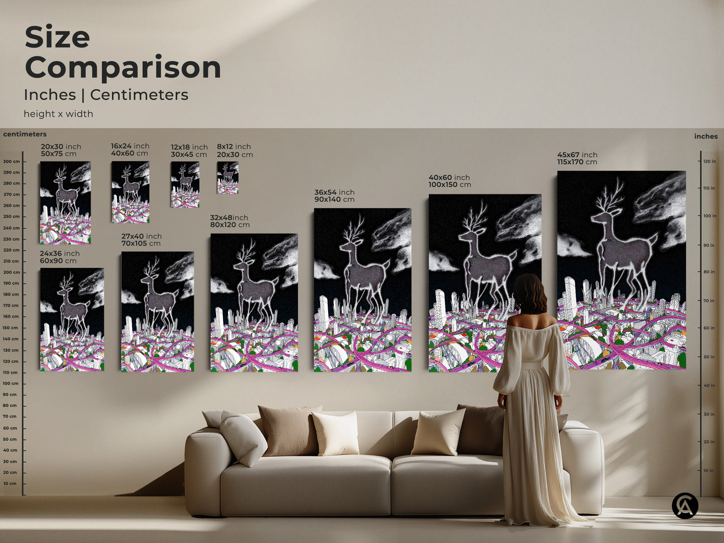 Size comparison of the surreal deer cityscape art print. The artwork is displayed in various sizes in inches and centimeters. A woman stands next to a sofa to show the scale. This modern home decor is available in multiple sizes.