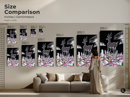 Size comparison of the surreal deer cityscape art print. The artwork is displayed in various sizes in inches and centimeters. A woman stands next to a sofa to show the scale. This modern home decor is available in multiple sizes.