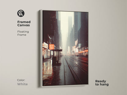 Framed canvas displaying urban cityscape wall art. It features a white floating frame and is ready to hang. The muted grey and dark blue tones create a moody cityscape print. Ideal housewarming gift.