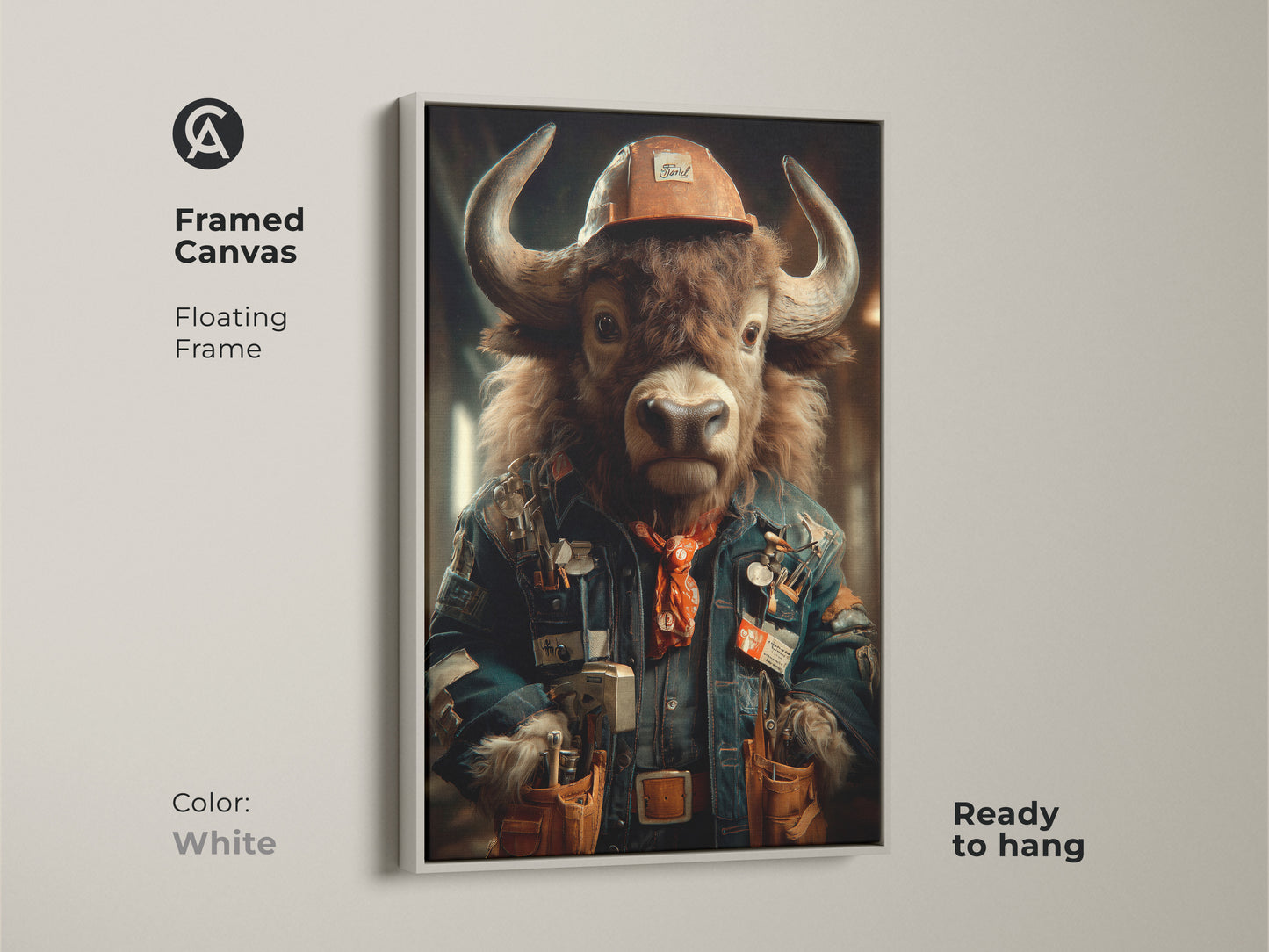 The framed canvas features a steampunk buffalo in a white floating frame. This animal canvas wall art is perfect as office decor or a unique Father's Day gift. The industrial buffalo artwork blends animal and human traits for masculine wall art. It is ready to hang.