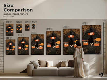 Size comparison of the black and gold witch art prints. Displayed in inches and centimeters. See how the artwork scales in different sizes above a sofa. This helps you choose the best fit for your space. Ideal for Halloween enthusiasts