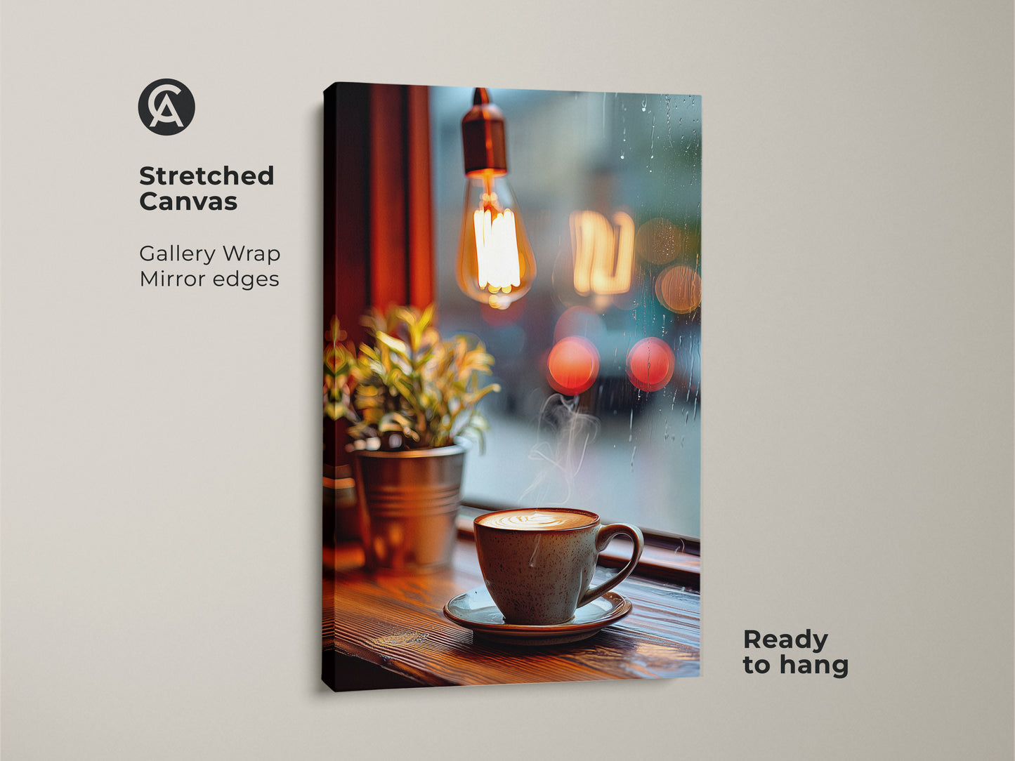 Stretched canvas gallery wrap showcasing a cozy coffee art print. The latte art is in a rustic cup. The art is set against a rainy window with bokeh lights. This Scandinavian kitchen decor is ready to hang and adds warmth to any space.