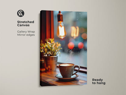 Stretched canvas gallery wrap showcasing a cozy coffee art print. The latte art is in a rustic cup. The art is set against a rainy window with bokeh lights. This Scandinavian kitchen decor is ready to hang and adds warmth to any space.