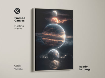 Framed canvas featuring planets floating in space. The white floating frame makes it ready to hang. This stellar artwork is perfect for any room. Get your framed canvas today.