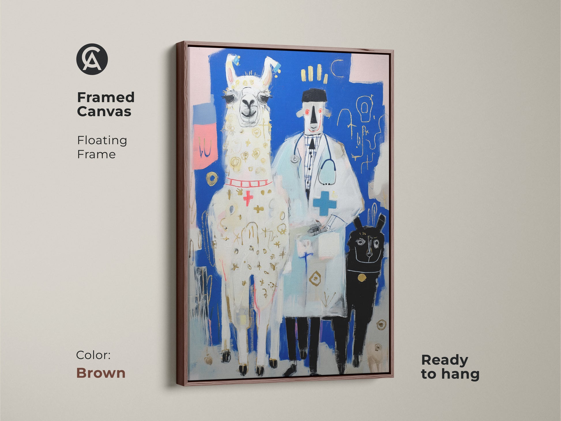 Framed canvas with a brown floating frame. The Llama Doctor artwork is ready to hang and provides an eclectic touch. It's a charming present for veterinarians and animal enthusiasts.