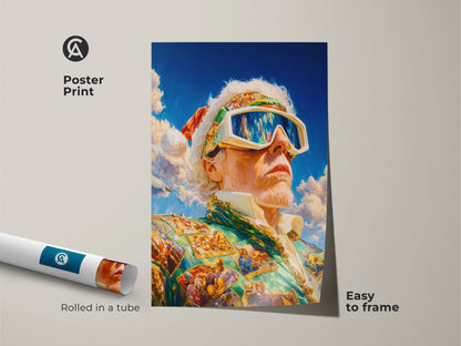 This poster print features an artwork of a man with goggles. It is rolled in a tube for protection. Easy to frame and display. The print captures the vibrant colors and details of the original art. Perfect for adding art to your home decor.