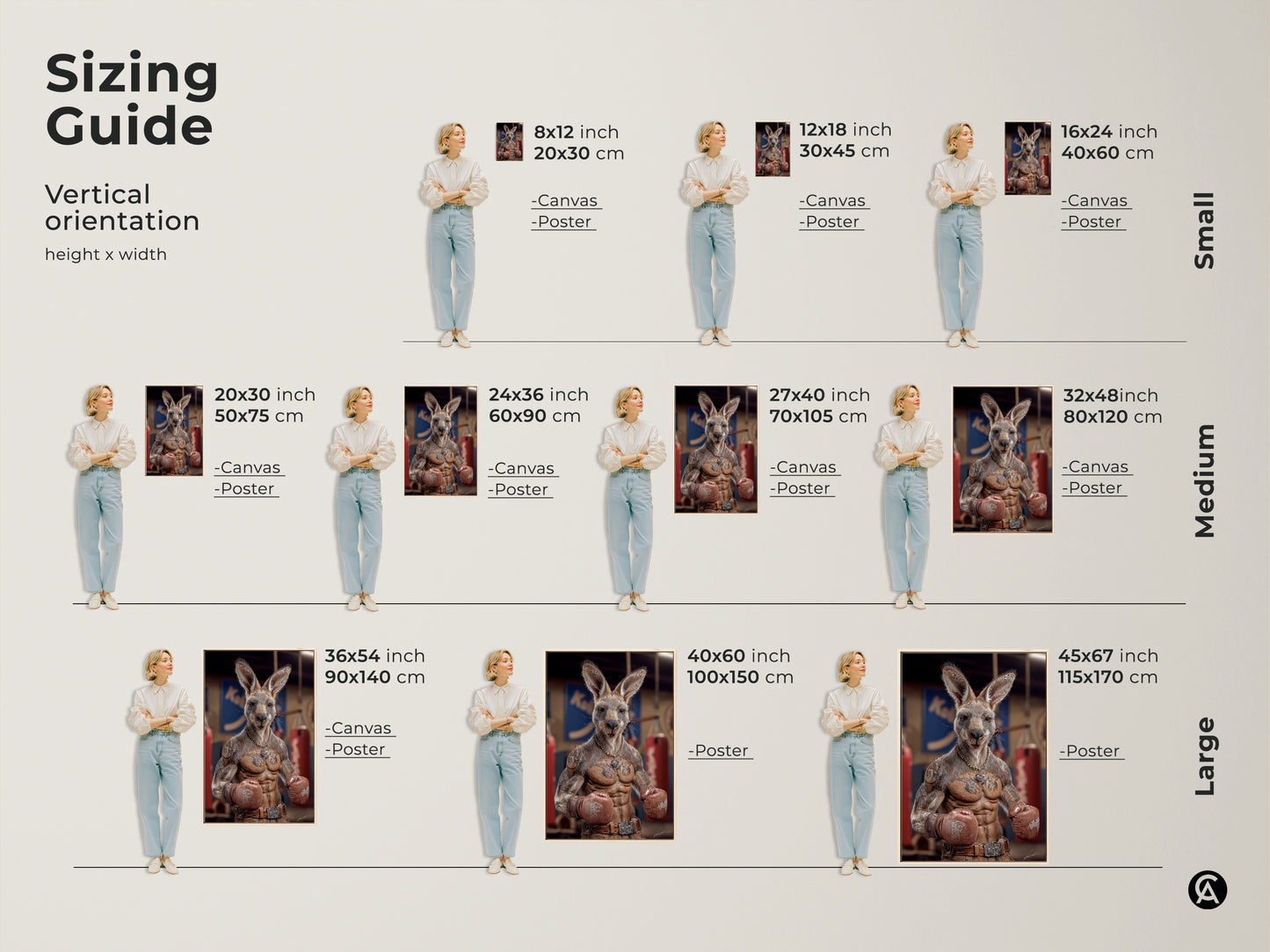 Sizing guide demonstrates the tattoo kangaroo boxer art print in vertical orientations. Available in small medium and large sizes. The canvas and poster options fit various wall spaces. Perfect for man caves. This humorous animal artwork features a photorealistic boxer kangaroo