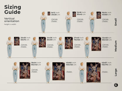 Sizing guide demonstrates the tattoo kangaroo boxer art print in vertical orientations. Available in small medium and large sizes. The canvas and poster options fit various wall spaces. Perfect for man caves. This humorous animal artwork features a photorealistic boxer kangaroo