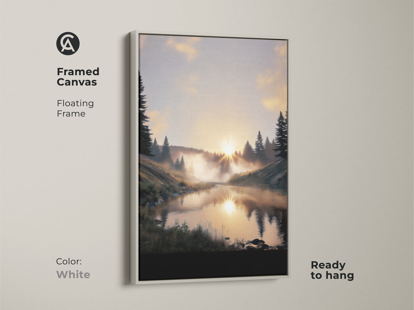 White framed canvas presenting a forest sunrise. This rustic landscape print has a floating frame. The warm tones nature artwork complements any room. A beautiful woodland sunrise art piece.