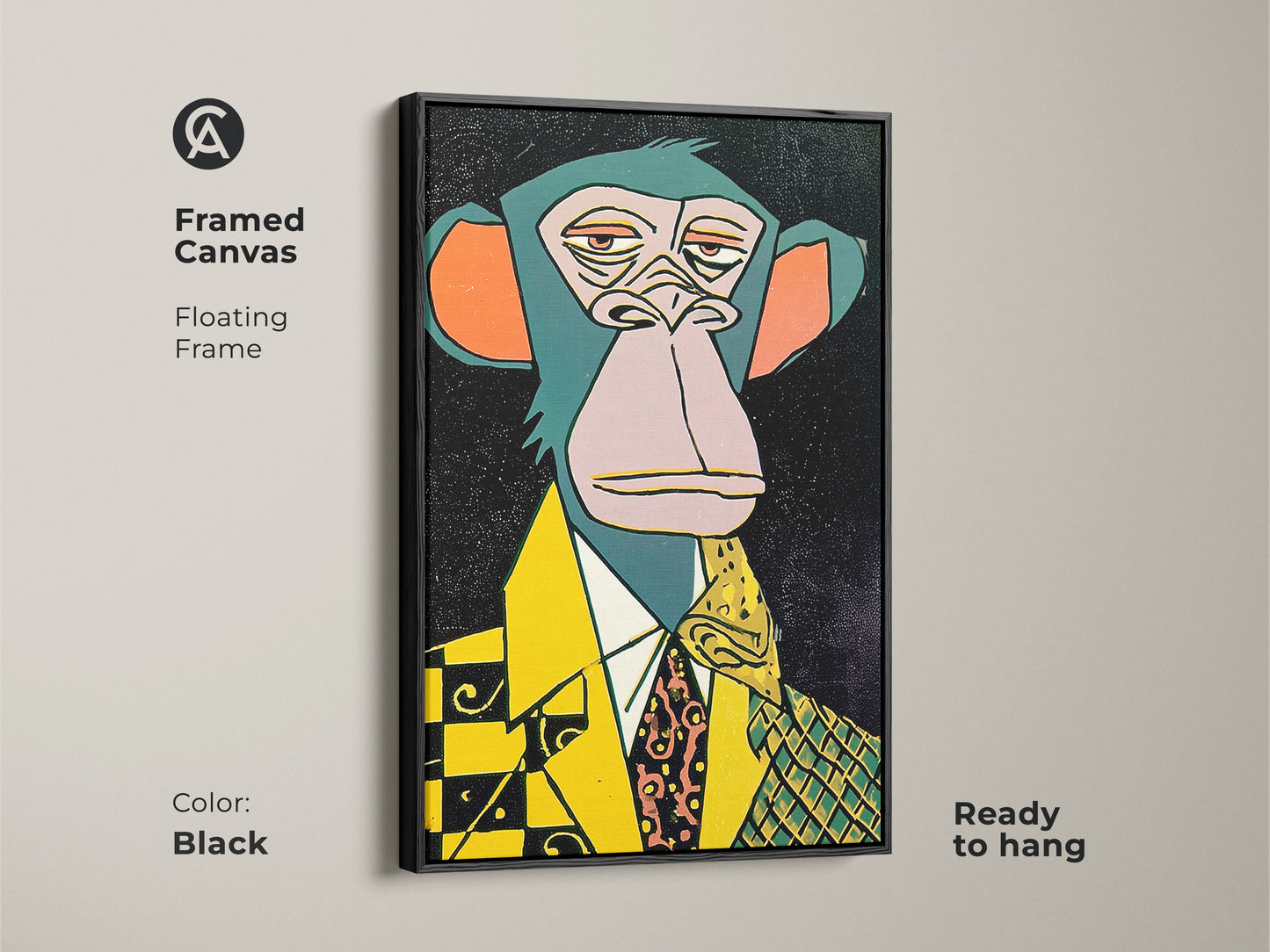 Enhance your home with this framed canvas artwork. It features a floating frame in black. The art shows a dapper ape in a suit. It is ready to hang and will add a touch of sophistication to any space. Order yours now.