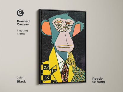 Enhance your home with this framed canvas artwork. It features a floating frame in black. The art shows a dapper ape in a suit. It is ready to hang and will add a touch of sophistication to any space. Order yours now.