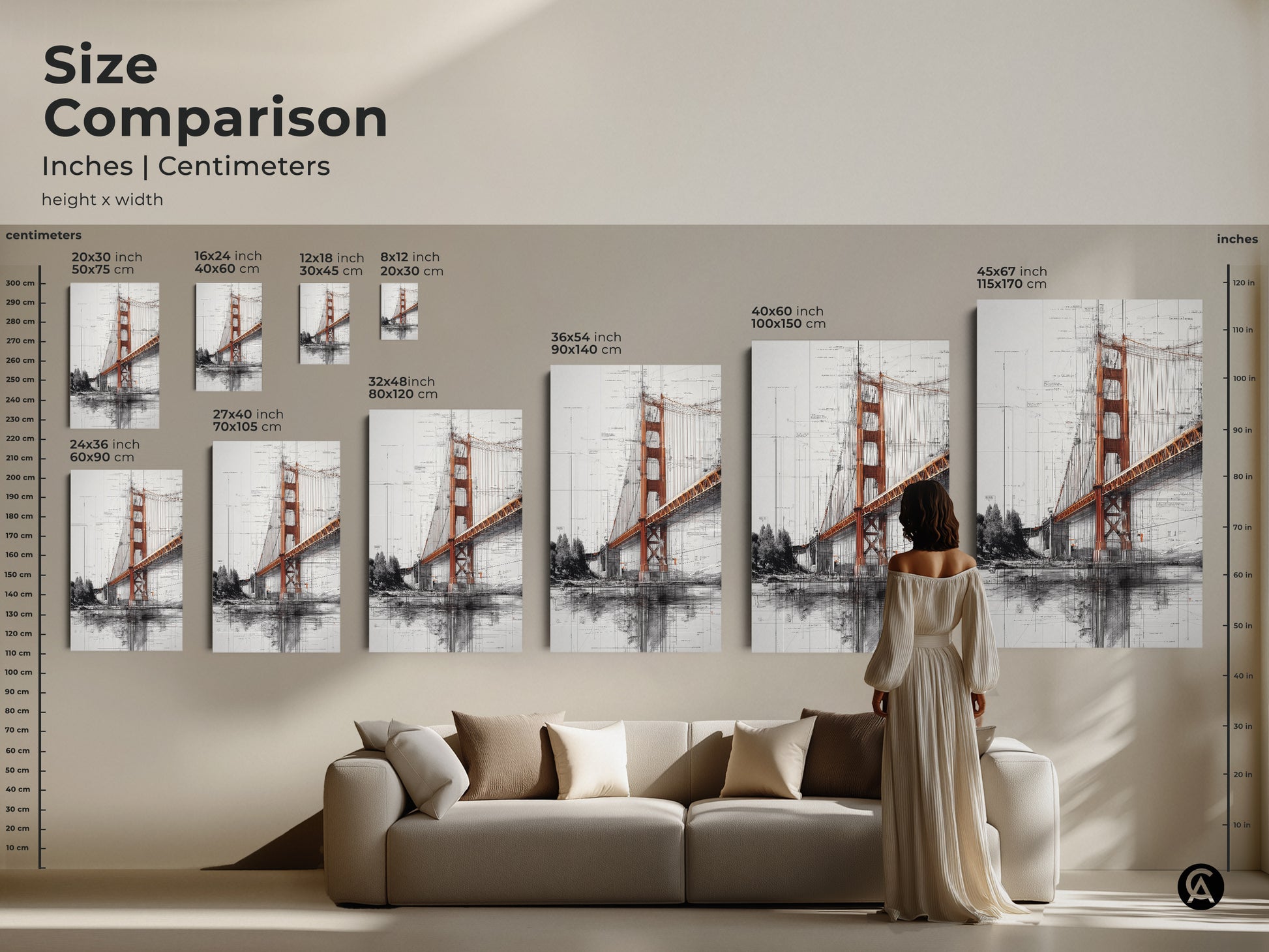 Size comparison of Golden Gate Bridge art in inches and centimeters. Various sizes are displayed next to a sofa and a person. This architectural sketch print is industrial wall decor. The orange and gray tones give it a modern look. It's a travel souvenir.