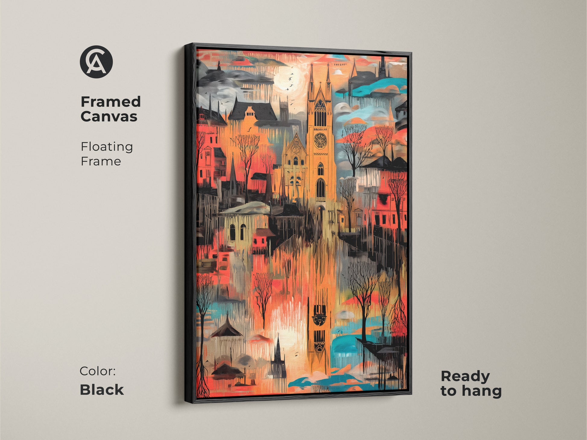 An expressive gothic building artwork is shown in a black floating frame ready to hang. The abstract cityscape print features orange red and teal colors. This canvas art print adds eclectic charm to any wall as office wall decor.