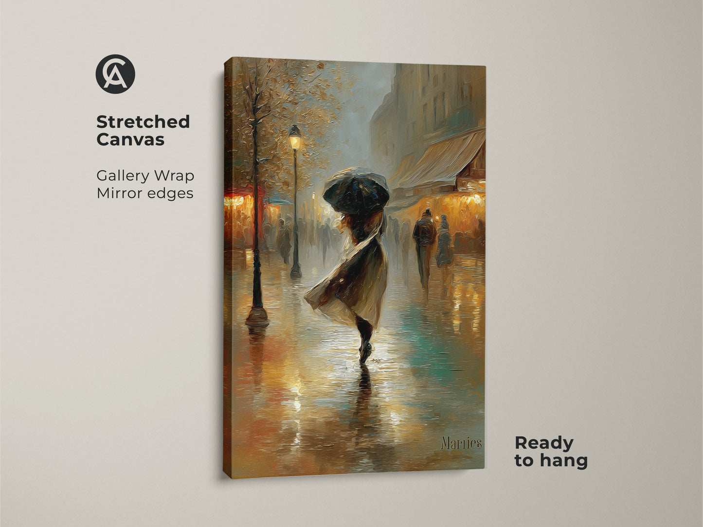 This stretched canvas features a romantic Parisian street scene. The gallery wrap with mirrored edges creates a stunning visual effect. See the woman with an umbrella and impressionistic style. Ready to hang this gold and teal artwork will enhance your living room or bedroom decor.