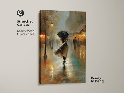 This stretched canvas features a romantic Parisian street scene. The gallery wrap with mirrored edges creates a stunning visual effect. See the woman with an umbrella and impressionistic style. Ready to hang this gold and teal artwork will enhance your living room or bedroom decor.