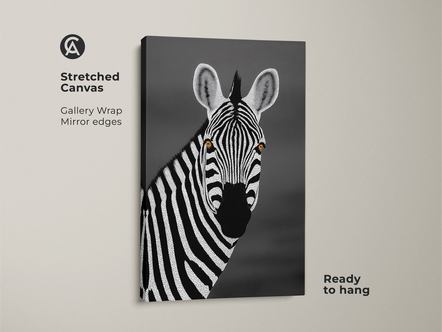 Stretched canvas of a monochrome zebra artwork. The gallery wrap presents mirror edges for a clean look. The minimalist dot art print adds a touch of modern decor. This African wildlife decor comes ready to hang for easy display.