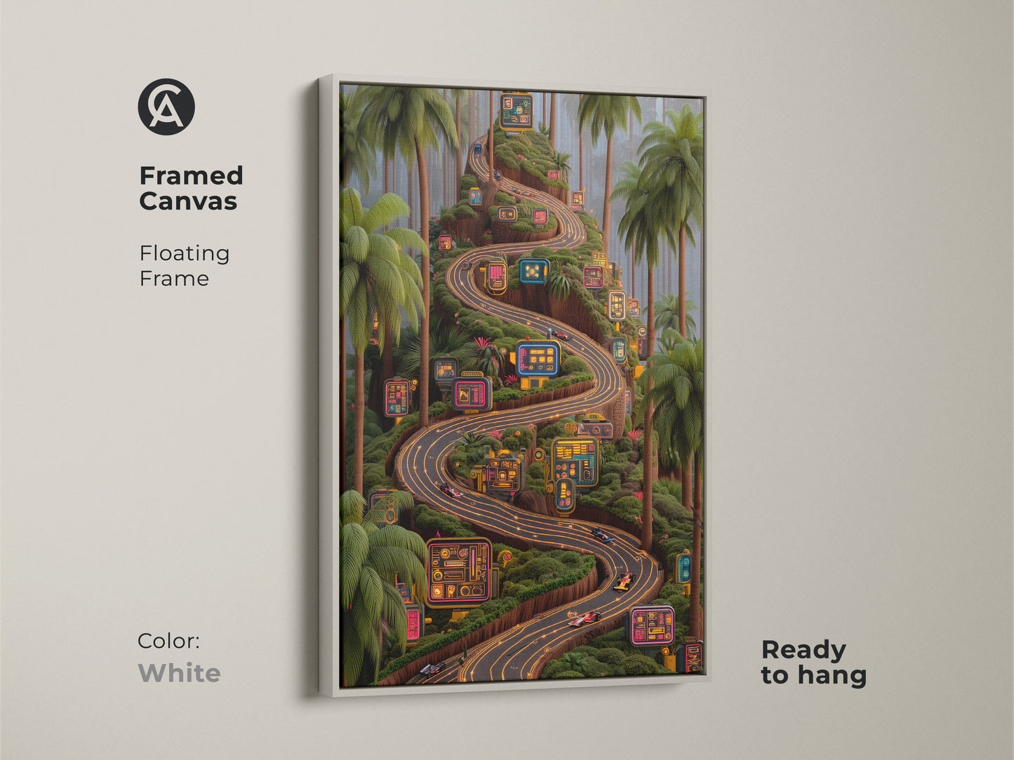 White framed canvas print captures a neon road winding through tropical palms. Ready to hang cyberpunk artwork with a floating frame. A unique blend of fantasy and technology for any space. A great gift for F1 fans perfect for a game room or man cave with its striking neon colors and dynamic digital art style.