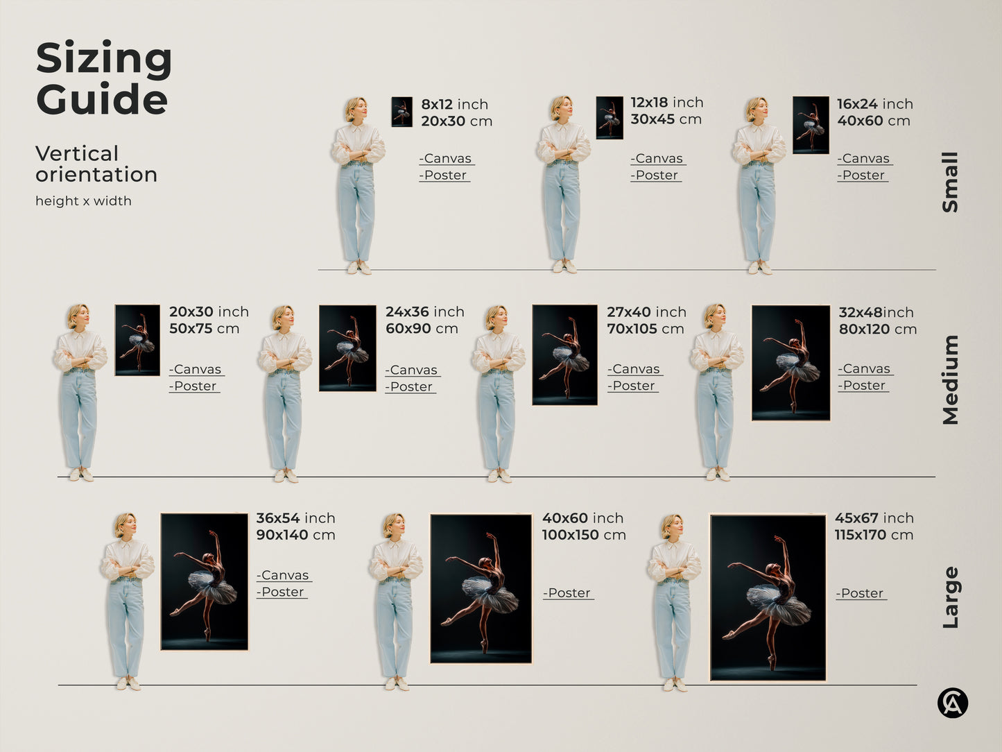 Sizing guide for ballerina art prints. Vertical orientation options include canvas or poster. Sizes range from small to large. Find the perfect fit for your space. Various sizes are available.