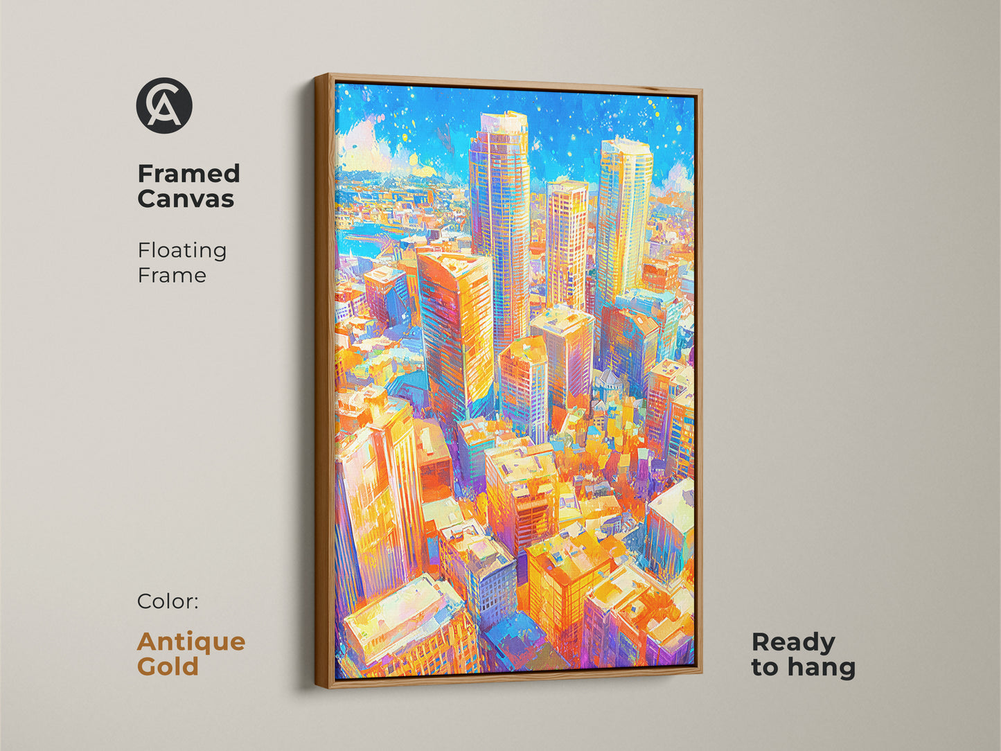 Framed canvas showcasing a colorful cityscape with a floating frame in antique gold color. This ready-to-hang artwork enhances any room. The modern urban art provides a stylish contemporary touch. It is a perfect addition to your wall art collection.